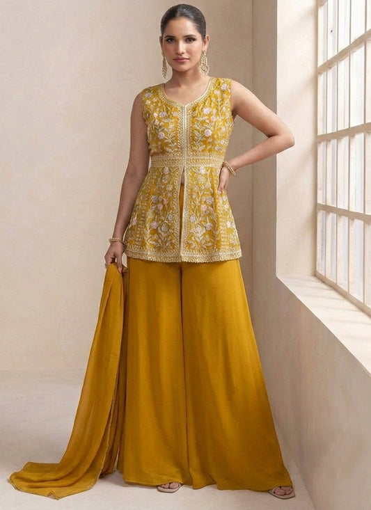 Mustard Georgette Sequins Work  Festival Wear Readymade Plazzo Suit SW602637