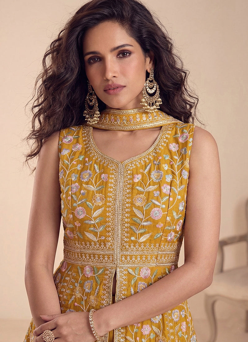 Mustard Georgette Sequins Work  Festival Wear Readymade Plazzo Suit SW602637