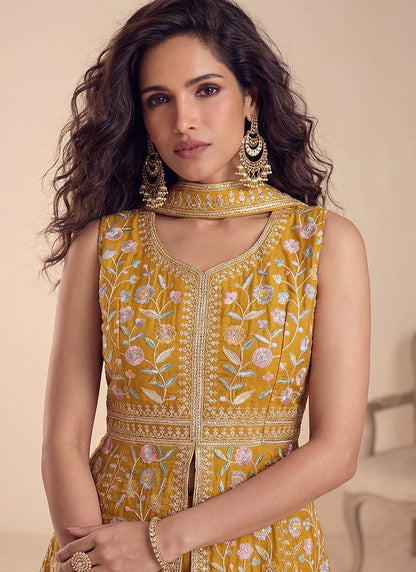 Mustard Georgette Sequins Work  Festival Wear Readymade Plazzo Suit SW602637