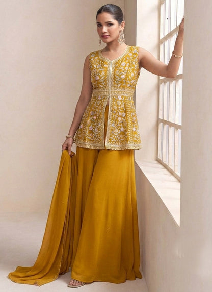Mustard Georgette Sequins Work  Festival Wear Readymade Plazzo Suit SW602637
