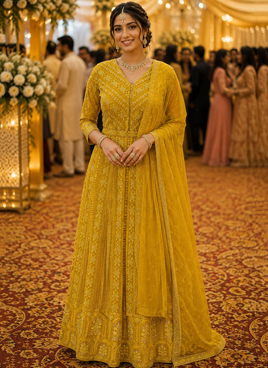 Mustard Georgette Embroidery Work Occasional Wear Readymade Anarkali Suit SW653497