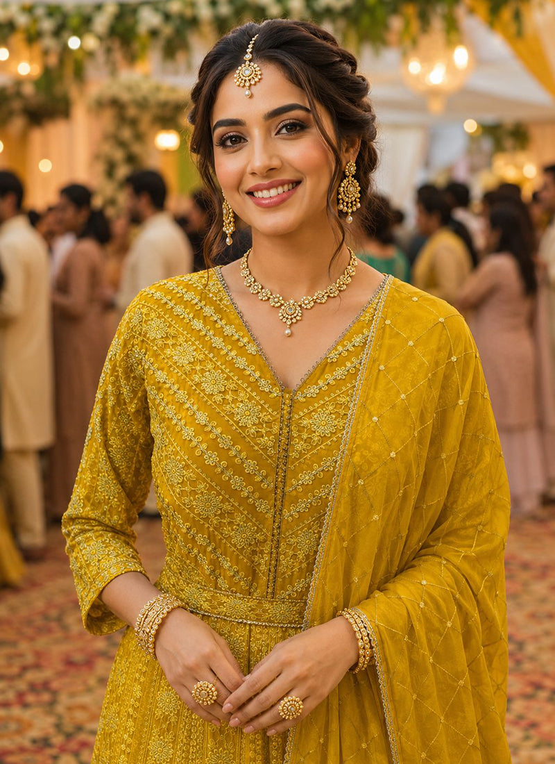 Mustard Georgette Embroidery Work Occasional Wear Readymade Anarkali Suit SW653497