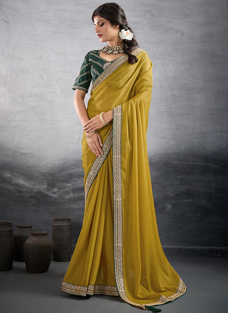 Georgette Mustard Party Wear Embroidery Work Saree 385555