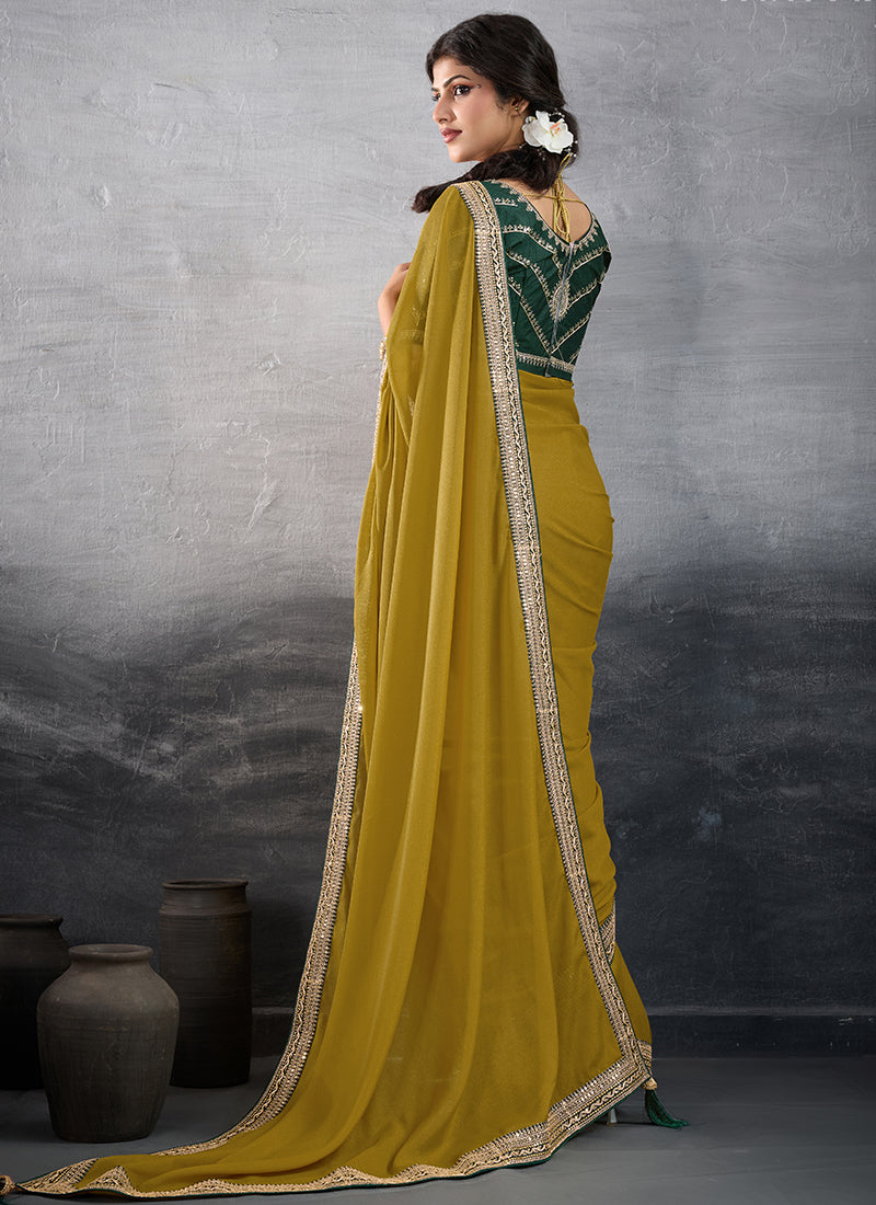 Georgette Mustard Party Wear Embroidery Work Saree 385555