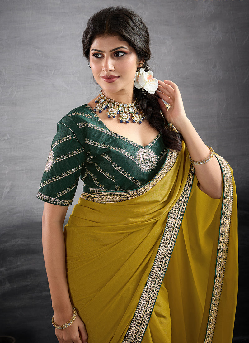 Georgette Mustard Party Wear Embroidery Work Saree 385555