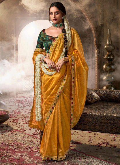 Pure Tissue Mustard Gold Party Wear Lace Border Work Saree 387563