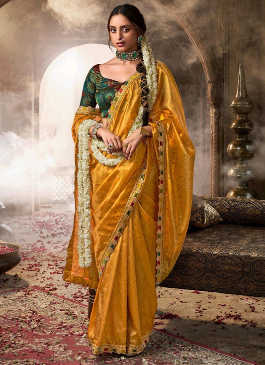 Pure Tissue Mustard Gold Party Wear Lace Border Work Saree 387563
