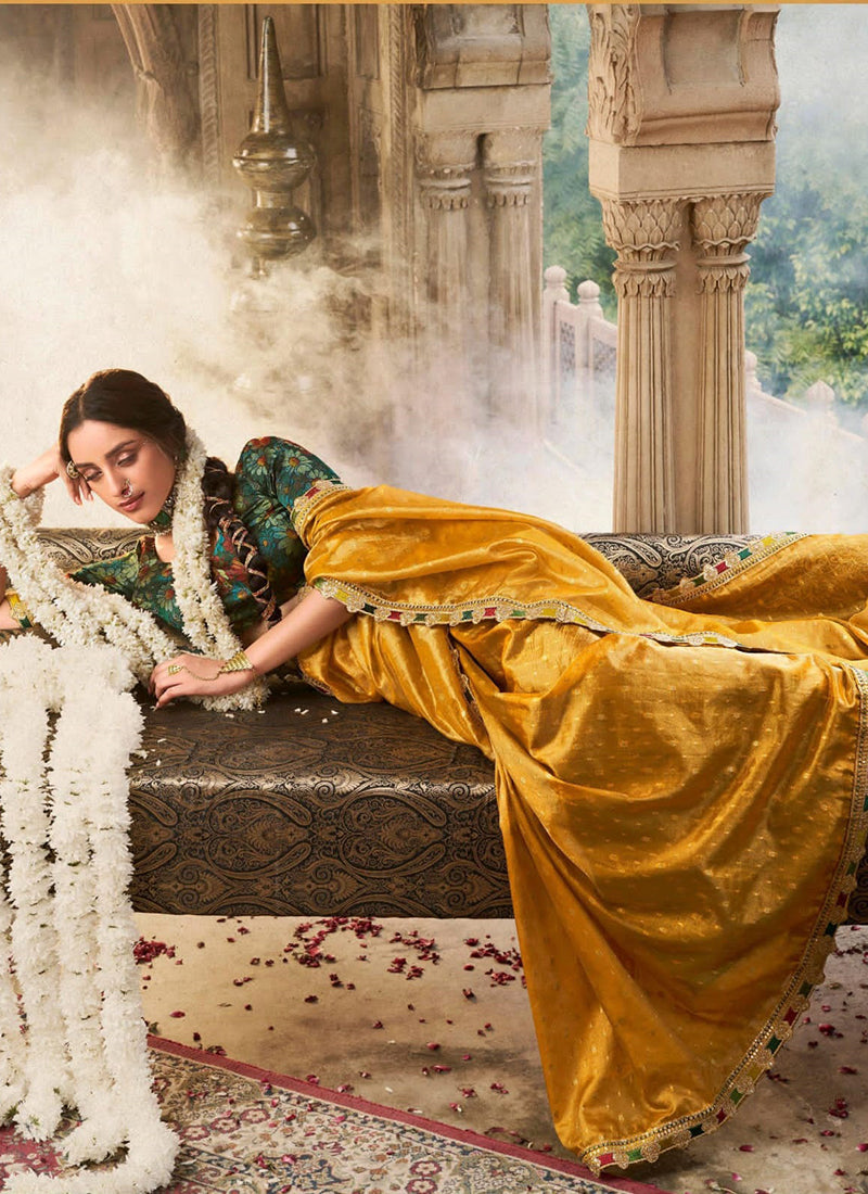 Pure Tissue Mustard Gold Party Wear Lace Border Work Saree 387563