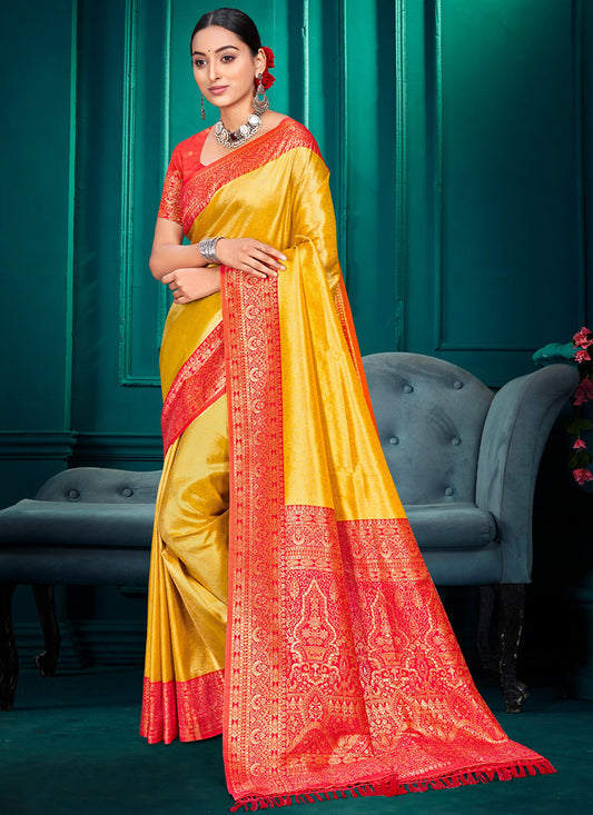 Kanjivaram Silk Mustard Festival Wear Weaving Work Saree 387995