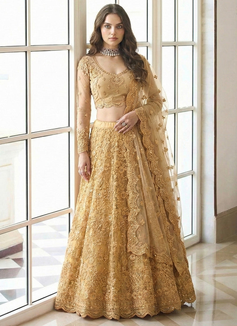 Mustard Net Embroidery Work Occasional Wear Lehenga Choli SW355134