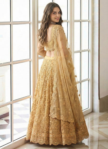 Mustard Net Embroidery Work Occasional Wear Lehenga Choli SW355134