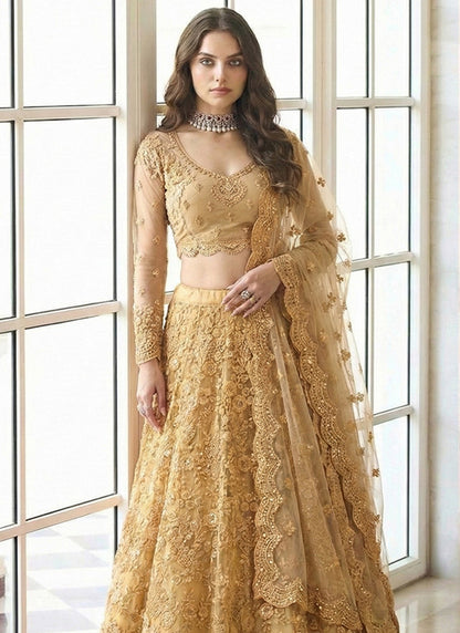 Mustard Net Embroidery Work Occasional Wear Lehenga Choli SW355134