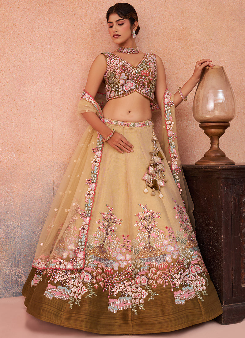 Mustard Net Sequins Work Occasional Wear Lehenga Choli SW924699