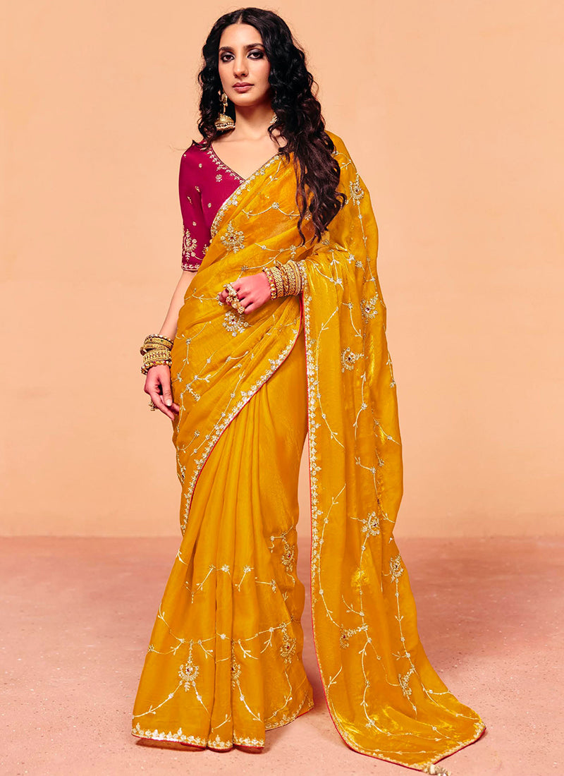 Mustard Organza Sequins Work  Party Wear Saree SW778001