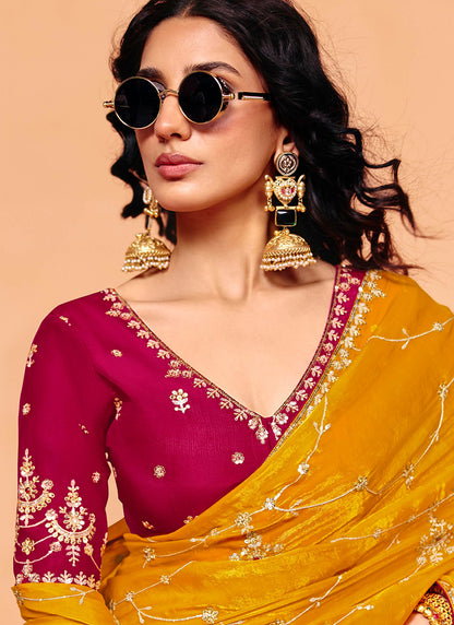 Mustard Organza Sequins Work  Party Wear Saree SW778001