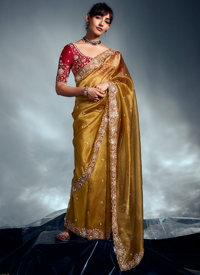 Organza Mustard Saree with Sequin Work for Wedding Wear 383023