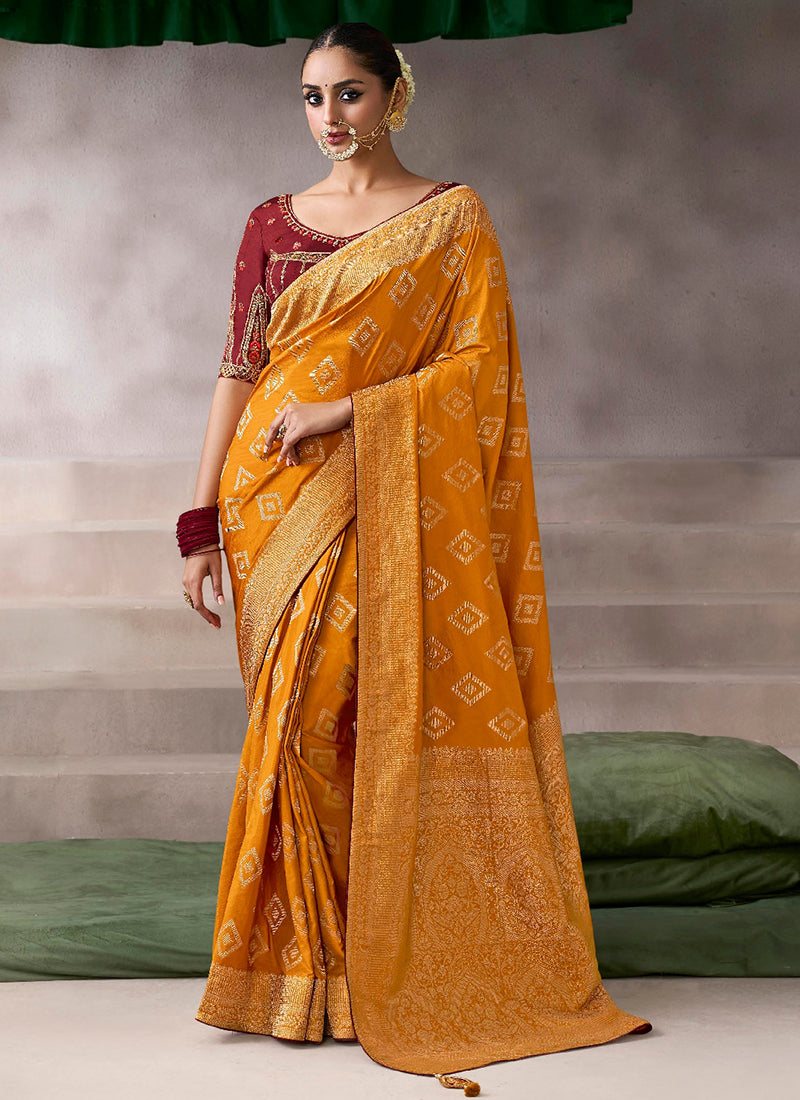 Pure Crepe Mustard Wedding Wear Heavy Work Wedding Saree 387278
