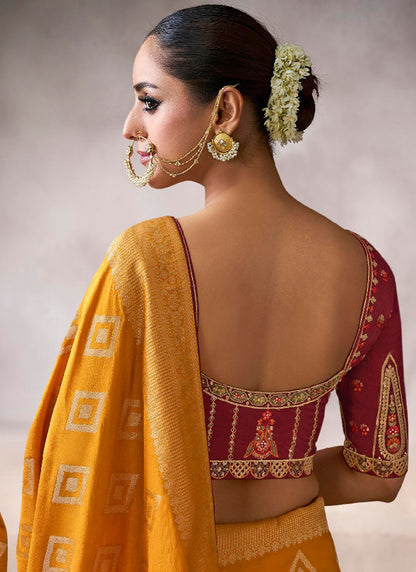 Pure Crepe Mustard Wedding Wear Heavy Work Wedding Saree 387278