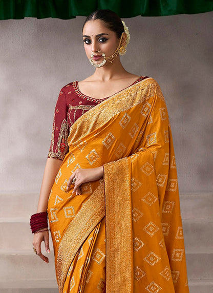 Pure Crepe Mustard Wedding Wear Heavy Work Wedding Saree 387278