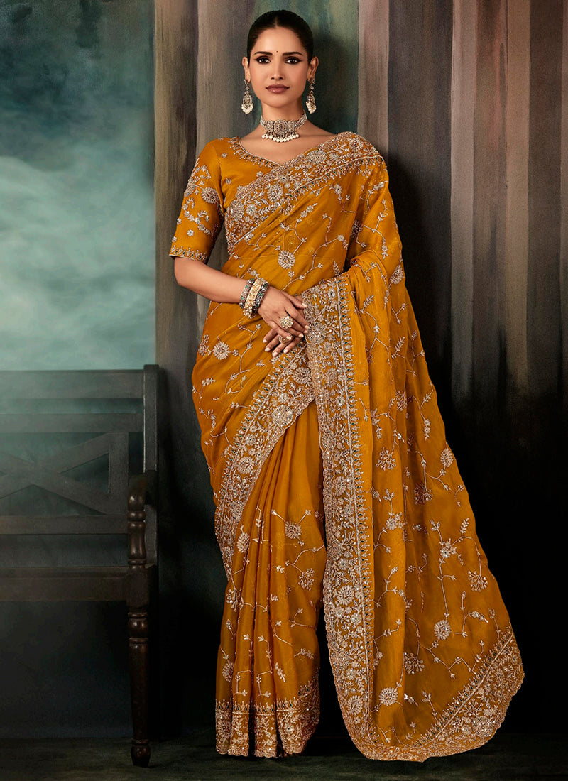 Pure Fancy Mustard Bridal Wear Heavy Work Bridal Saree 387354