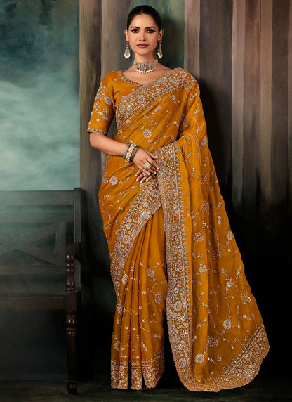 Pure Fancy Mustard Bridal Wear Heavy Work Bridal Saree 387354