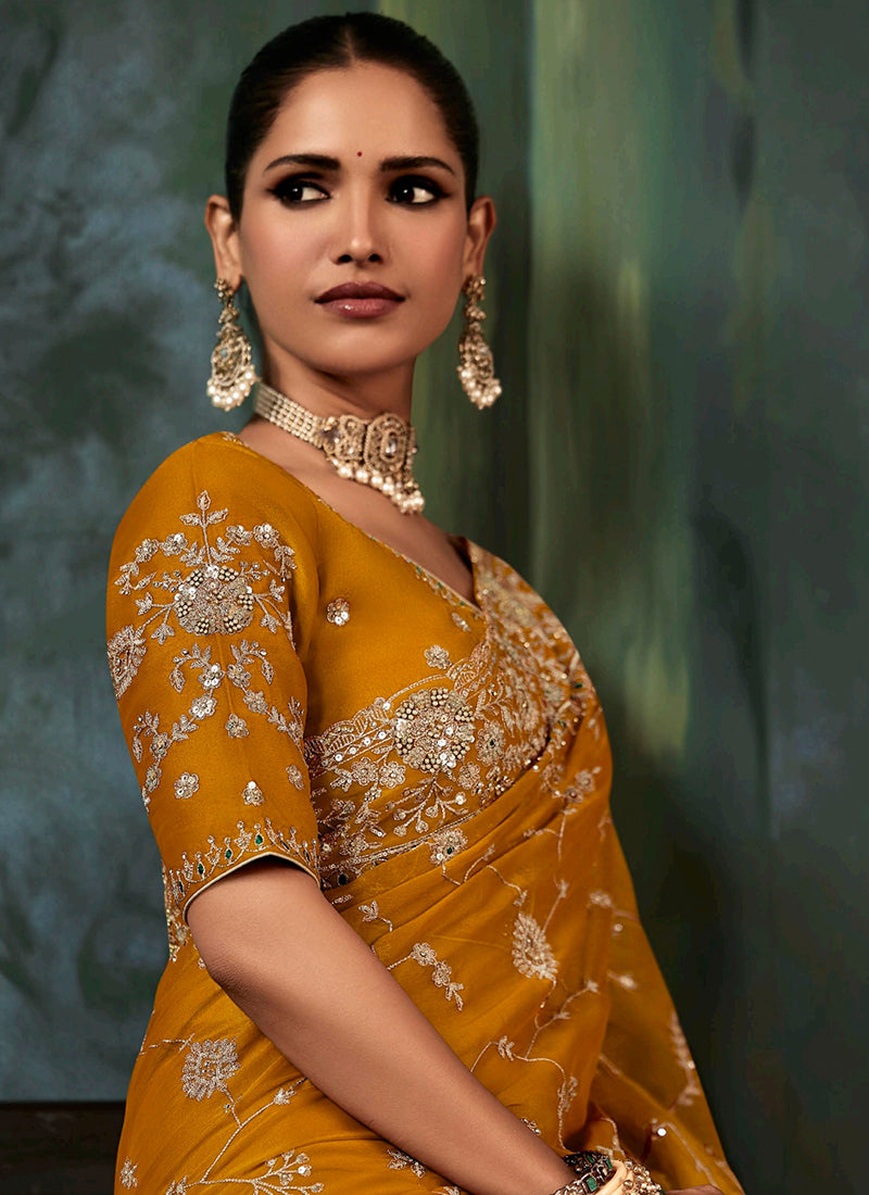 Pure Fancy Mustard Bridal Wear Heavy Work Bridal Saree 387354