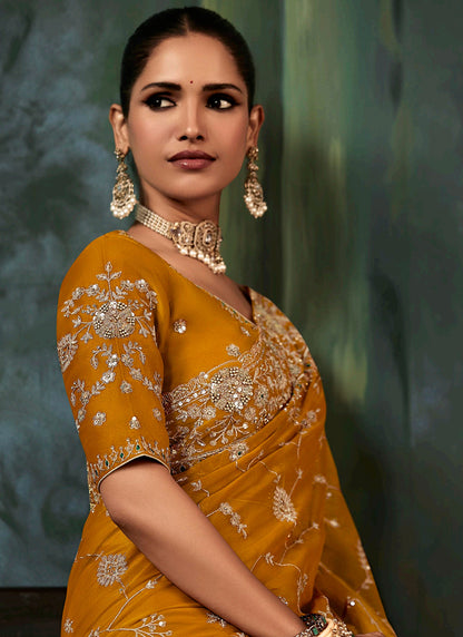 Pure Fancy Mustard Bridal Wear Heavy Work Bridal Saree 387354