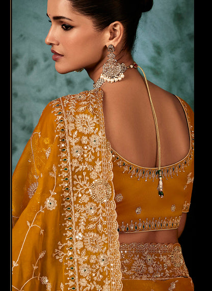 Pure Fancy Mustard Bridal Wear Heavy Work Bridal Saree 387354