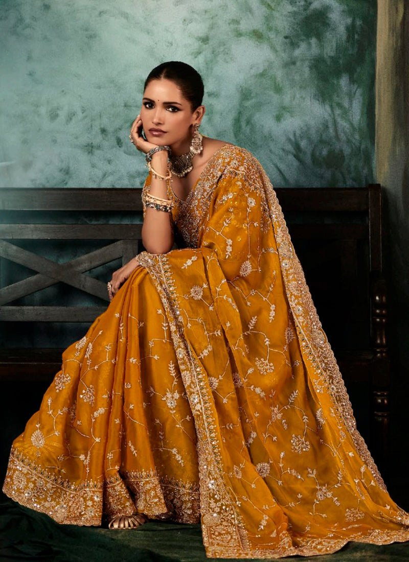Pure Fancy Mustard Bridal Wear Heavy Work Bridal Saree 387354