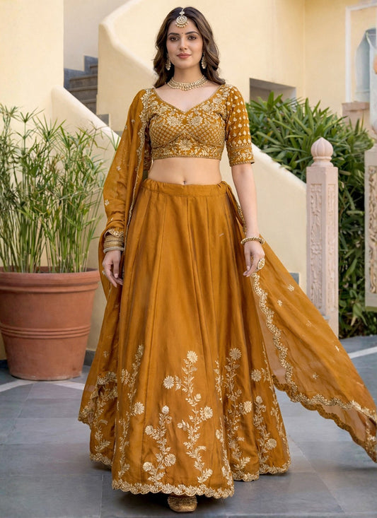 Mustard Rangoli Silk Embroidery Work Party Wear Lehenga Choli SW865593