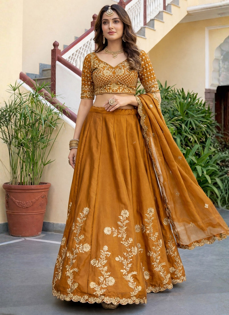 Mustard Rangoli Silk Embroidery Work Party Wear Lehenga Choli SW865593