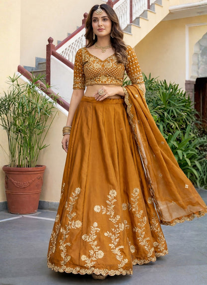 Mustard Rangoli Silk Embroidery Work Party Wear Lehenga Choli SW865593