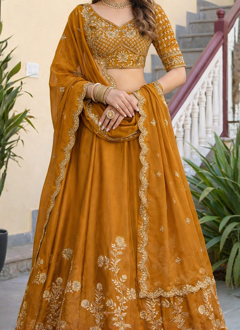 Mustard Rangoli Silk Embroidery Work Party Wear Lehenga Choli SW865593