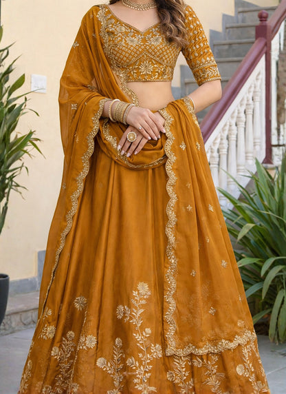 Mustard Rangoli Silk Embroidery Work Party Wear Lehenga Choli SW865593
