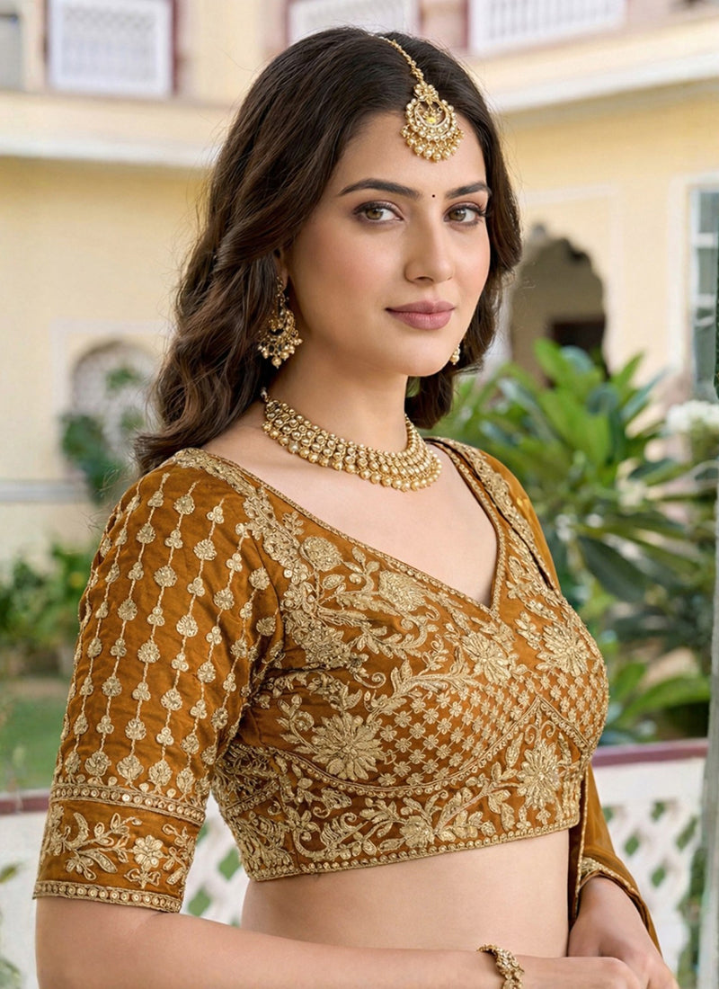 Mustard Rangoli Silk Embroidery Work Party Wear Lehenga Choli SW865593