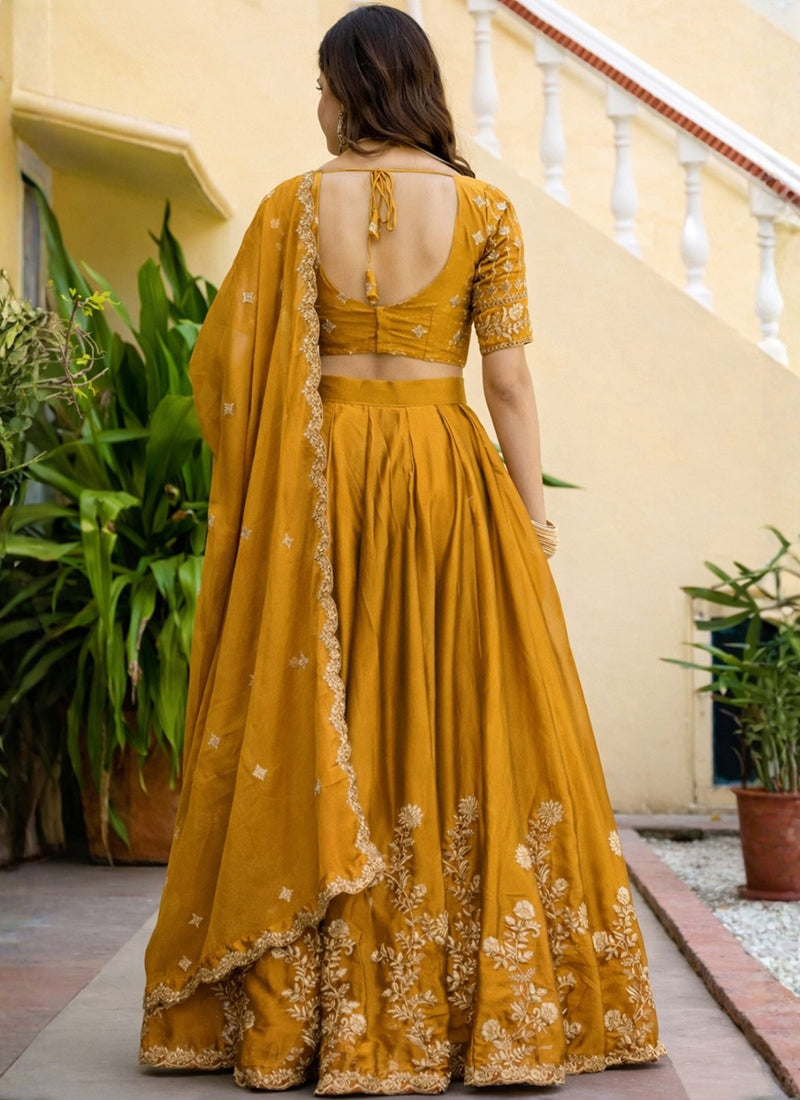 Mustard Rangoli Silk Embroidery Work Party Wear Lehenga Choli SW865593