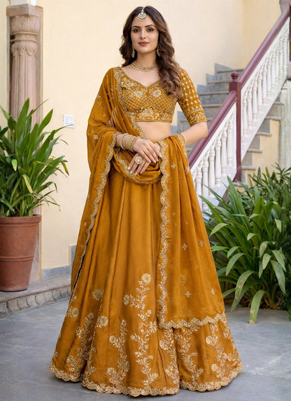 Mustard Rangoli Silk Embroidery Work Party Wear Lehenga Choli SW865593