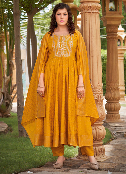 Rayon Mustard Casual Wear Sequin Work Readymade Anarkali Suit 380560