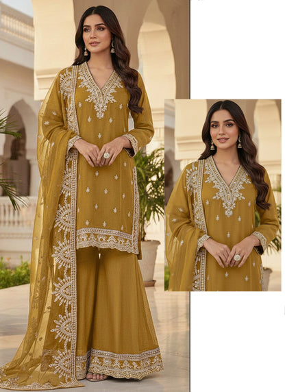 Real Chinon Mustard Eid Wear Zari Work Readymade Pakistani Suit 388109