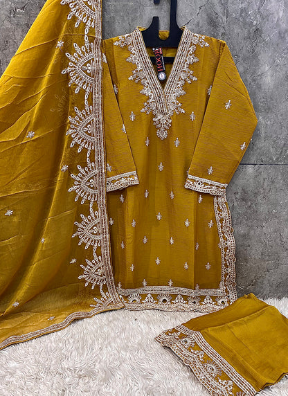 Real Chinon Mustard Eid Wear Zari Work Readymade Pakistani Suit 388109
