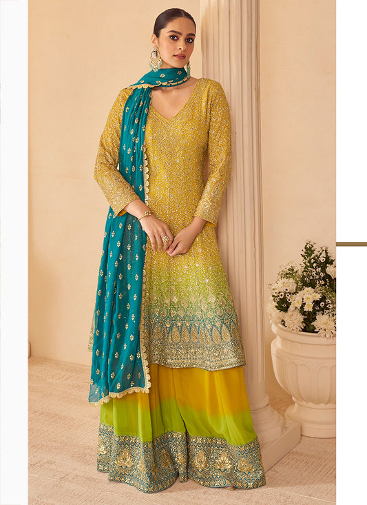 Real Georgette Mustard Wedding Wear Embroidery Work Readymade Plazzo Suit 386489