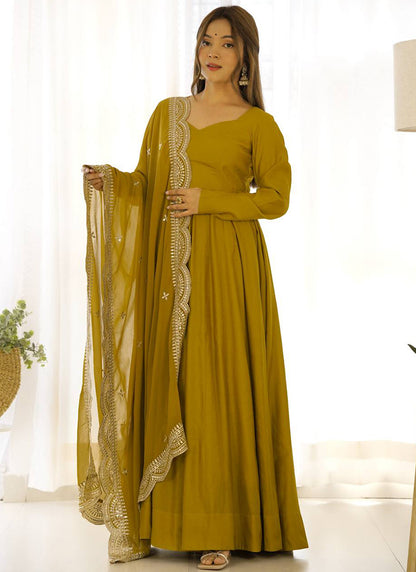 Mustard Roman Silk Plain Work Party Wear Readymade Gown SW827410