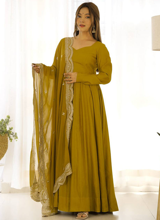Mustard Roman Silk Plain Work Party Wear Readymade Gown SW827410