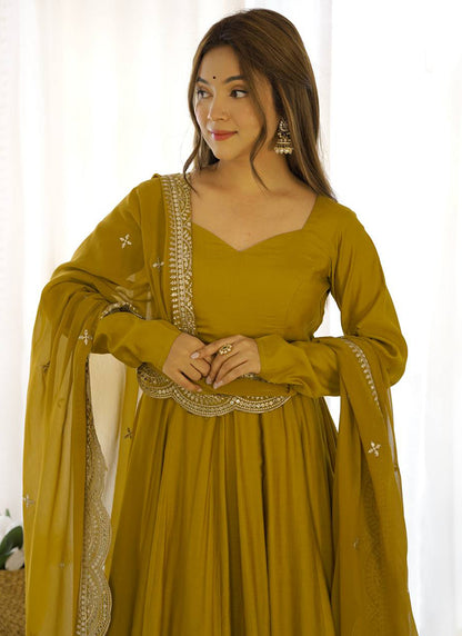 Mustard Roman Silk Plain Work Party Wear Readymade Gown SW827410