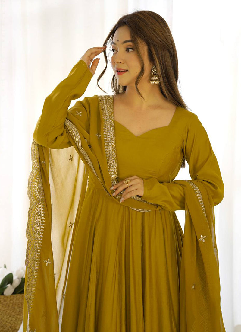Mustard Roman Silk Plain Work Party Wear Readymade Gown SW827410