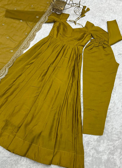 Mustard Roman Silk Plain Work Party Wear Readymade Gown SW827410