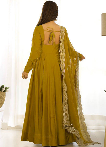 Mustard Roman Silk Plain Work Party Wear Readymade Gown SW827410