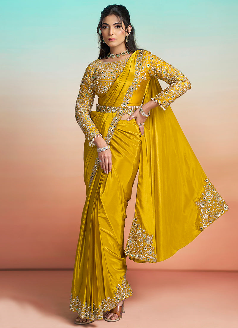 Mustard Satin Silk Embroidery Work Festival Wear Readymade Saree SW376745