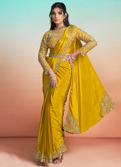 Mustard Satin Silk Embroidery Work Festival Wear Readymade Saree SW376745