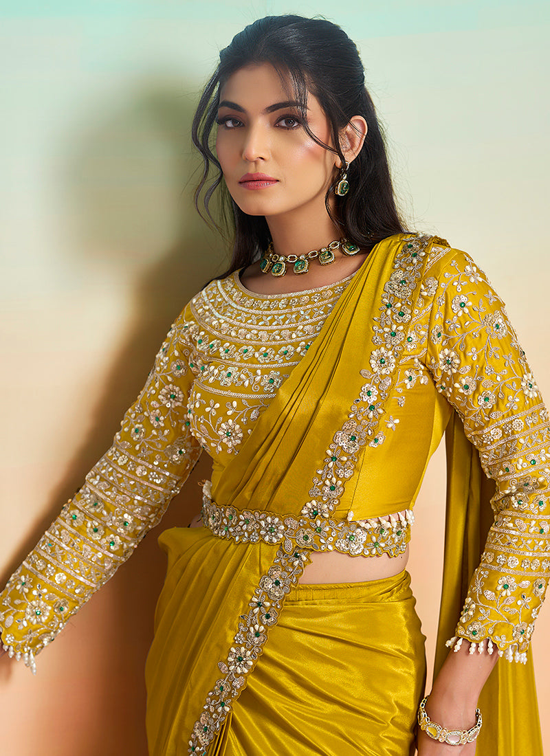 Mustard Satin Silk Embroidery Work Festival Wear Readymade Saree SW376745